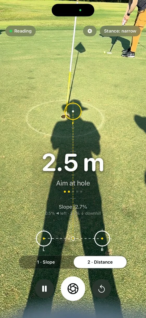 Distance mode measuring 2.5 metres to the hole
