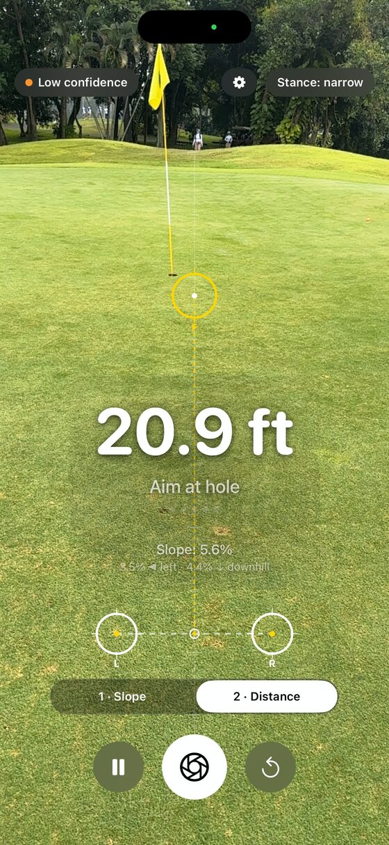 Distance mode reading 20.9 feet to the flag